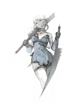 1girl absurdres bandaged_arm bandaged_leg bandaged_neck bandages black_gloves blue_negligee braid braided_hair_rings breasts dual_wielding flower gloves hair_flower hair_ornament hair_rings highres holding holding_sword holding_weapon jagged_sword kaine_(nier) kanji_(nievart) lingerie looking_at_viewer lunar_tear medium_breasts negligee nier nier_(series) single_bare_shoulder solo sword underwear weapon white_background white_hair