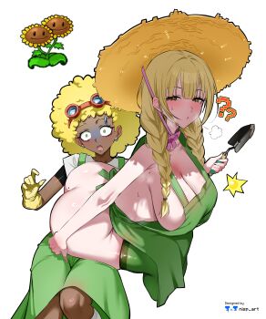 2girls ? absurdres afro apron ass bare_shoulders blonde_hair braid breasts cleavage dark-skinned_female dark_skin eyewear_on_head gloves green_apron green_skirt green_thighhighs hat highres holding holding_shovel large_breasts long_hair mole mole_on_armpit mole_on_ass mole_under_eye multiple_girls multiple_moles naked_apron nervous nervous_sweating nisp_art open_mouth plants_vs._zombies scared shaded_face shovel side_braid sideboob simple_background single_braid sitting sitting_on_person skirt sunflower_(plants_vs._zombies) sweat thighhighs turn_pale white_background yellow_gloves