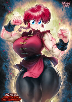 1girl alternate_muscle_size arm_up artist_name aura bare_arms biceps black_background black_pants blue_eyes braid braided_ponytail breasts chinese_clothes clenched_hands closed_mouth commentary curvy english_commentary fighting_stance hair_between_eyes hand_up jacket large_breasts long_hair muscular muscular_female narrow_waist paid_reward_available pants patreon_username ranma-chan ranma_1/2 red_hair red_jacket simple_background single_braid sleeveless sleeveless_jacket solo tangzhuang taut_clothes the_golden_smurf thick_thighs thighs torn_clothes torn_jacket vignetting white_background wristband