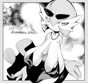 1girl absurdres arm_at_side artist_name bare_shoulders bob_cut border breasts breasts_apart collarbone cowboy_shot dated detached_collar dress dutch_angle eyewear_on_head female_focus gardevoir gen_3_pokemon greyscale hair_over_one_eye half-closed_eyes hand_up hanging_breasts highres long_dress looking_to_the_side monochrome multiple_necklaces nintendo nomomono_eraser one_eye_covered outside_border pokemon pokemon_(creature) shiny_skin short_hair side_slit sideways_glance signature sleeveless sleeveless_dress solo spaghetti_strap standing sunglasses twitter_username white_background