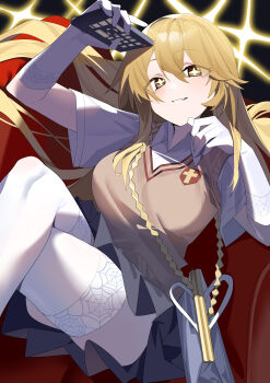 +_+ 1girl absurdres arm_up bag blonde_hair blue_skirt breasts brown_sweater_vest collared_shirt commentary_request controller crossed_legs elbow_gloves gloves grey_skirt handbag highres holding holding_remote_control large_breasts long_hair looking_at_viewer miniskirt pleated_skirt remote_control school_emblem school_uniform shirt shokuhou_misaki short_sleeves sitting skirt smile solo sparkling_eyes star-shaped_pupils star_(symbol) summer_uniform sweater_vest symbol-shaped_pupils thighhighs toaru_kagaku_no_railgun toaru_majutsu_no_index tokiwadai_school_uniform v-neck wako_(1194433260) white_gloves white_shirt white_thighhighs yellow_eyes