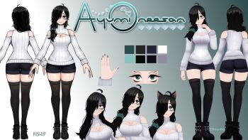 1girl 3d animal_ear_fluff animal_ears artist_name ass ayumi_oneesan bags_under_eyes black_hair breasts cat_ears reference_sheet cleavage green_eyes highres indie_virtual_youtuber jjinomu large_breasts matilda_fiship multiple_views short_shorts shorts sweater thighhighs turtleneck turtleneck_sweater virtual_youtuber