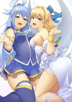 2girls :d aqua_(konosuba) ass blonde_hair blue_eyes blue_hair blue_ribbon blue_shirt blue_skirt blush bottle breasts censored commentary detached_sleeves feathered_wings hair_intakes hair_ornament hair_rings half_updo kneeling kono_subarashii_sekai_ni_shukufuku_wo! kono_yuusha_ga_ore_tueee_kuse_ni_shinchou_sugiru large_breasts long_hair looking_at_viewer mosaic_censoring multiple_girls open_mouth pinta_(ayashii_bochi) pointless_censoring purple_eyes ribbon ristarte_(kono_yuusha_ga_ore_tueee_kuse_ni_shinchou_sugiru) shirt simple_background skirt sleeveless sleeveless_shirt smile sphere_hair_ornament straw_doll thighs trait_connection white_background white_wings wings