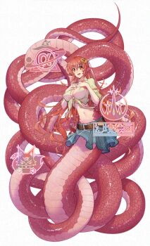 1girl absurdres belt breasts cleavage commentary_request fangs full_body genkyopainting groin hair_ornament hairclip hands_on_own_chest highres lamia large_breasts long_hair miia_(monster_musume) monster_girl monster_musume_no_iru_nichijou navel open_mouth pointy_ears red_hair red_scales red_tail scales shirt sidelocks simple_background skirt slit_pupils solo tied_shirt watermark white_background