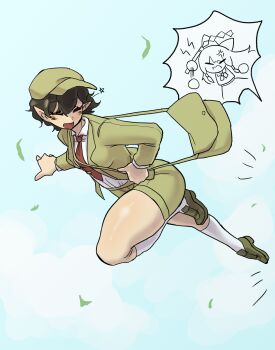 Rule 34 | 1girl, absurdres, afterimage, anger vein, angry, bag, black hair, blue background, bow, brown shoes, bulletcamera, chibi, chibi only, closed eyes, commentary, falling feathers, fang, feathers, feet out of frame, fleeing, floating bag, green bag, green hair, green jacket, green shorts, hair bow, hakurei reimu, highres, jacket, lightning bolt symbol, long hair, long sleeves, messy hair, motion lines, necktie, open mouth, pointy ears, red necktie, shameimaru aya, shameimaru aya (newsboy), shirt, shoes, short hair, shorts, shoulder bag, shout lines, smile, socks, solo, speech bubble, spoken character, star (symbol), swept bangs, swinging gohei, thick thighs, thighs, touhou, v-shaped eyebrows, vignetting, white shirt, white socks