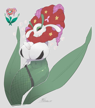 1girl blush breasts covered_navel cowboy_shot fishnet_pantyhose fishnets florges florges_(red_flower) gen_6_pokemon grey_background hand_on_own_chest heart heart-shaped_pupils huge_breasts looking_at_viewer nintendo pantyhose pokemon solo symbol-shaped_pupils