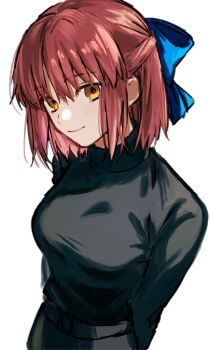 Rule 34 | 1girl, arms behind back, belt, black sweater, blue ribbon, breasts, closed mouth, commentary request, d twt b, hair ribbon, half updo, highres, kohaku (tsukihime), long sleeves, looking at viewer, medium breasts, official alternate costume, red hair, ribbon, short hair, simple background, smile, solo, sweater, tsukihime, turtleneck, turtleneck sweater, white background, yellow eyes