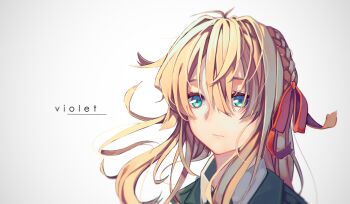 10s 1girl blonde_hair blue_eyes blue_jacket braid close-up collar collared_shirt female_focus hair_between_eyes hair_intakes hair_ribbon highres jacket long_hair long_sleeves mazumaro messy_hair red_ribbon ribbon shirt solo violet_evergarden violet_evergarden_(series)