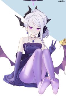 1girl absurdres black_halo blue_archive demon_girl demon_horns demon_wings feet halo highres hina_(blue_archive) hina_(dress)_(blue_archive) horns legs long_hair looking_at_viewer low_wings nanbugin no_shoes panties purple_eyes soles solo underwear v white_hair white_panties wings
