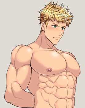 Rule 34 | 1boy, abs, arima (arima bn), arm behind back, bara, biceps, blonde hair, blush, granblue fantasy, green eyes, hand on back, highres, large pectorals, long sideburns, looking to the side, male focus, manly, mature male, muscular, muscular arms, muscular male, nipples, pectorals, sideburns, solo, spiked hair, topless male, upper body, vane (granblue fantasy)