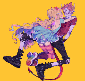 1boy 1girl arms_around_neck backless_dress backless_outfit black_boots black_pants blonde_hair blue_dress blue_eyes blush boot_straps boots breasts capri_pants catmoirails colored_skin commentary demon_boy demon_horns demon_tail dress eye_contact facial_mark fake_horns floating frilled_sleeves frills full_body grey_skin grin hairband half-closed_eyes hand_on_another&#039;s_head heart heart_facial_mark hetero highres horizontal-striped_thighhighs horn_hairband horns long_hair looking_at_another median_furrow midriff_peek mismatched_eyebrows multicolored_hair one_eye_closed pants petticoat pink_hair pink_thighhighs pointy_ears print_shirt puffy_short_sleeves puffy_sleeves red_eyes red_shirt sharp_teeth shirt short_dress short_hair short_sleeves simple_background small_breasts smile spiked_boots spiked_hair spread_legs star_(symbol) star_butterfly star_print star_vs_the_forces_of_evil streaked_hair symbol-only_commentary tail teeth thighhighs tom_lucitor torn_clothes torn_pants torn_shirt transparent_wings wavy_hair yellow_background zettai_ryouiki