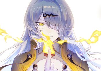 1girl brown_jacket closed_mouth commentary_request fire grey_background grey_hair grey_shirt hair_ornament hair_over_one_eye hairclip hand_up hatski.sin highres index_finger_raised jacket light_smile long_hair looking_at_viewer open_clothes open_jacket pyrokinesis shirt simple_background solo upper_body yellow_eyes yixuan_(zenless_zone_zero) zenless_zone_zero