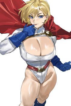 1girl absurdres belt blonde_hair blue_eyes blue_gloves breasts cape cleavage cleavage_cutout clothing_cutout dc_comics gloves highleg highleg_leotard highres large_breasts leotard long_sleeves looking_at_viewer power_girl power_girl_(1976_costume) red_cape short_hair sleeved_leotard smile solo taiyang_yu thighs white_leotard