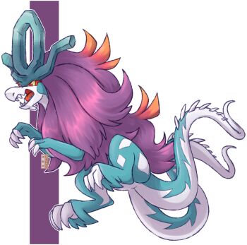 blue_skin claws colored_sclera colored_skin commentary dualcosmog english_commentary highres long_hair multicolored_skin multiple_tails nintendo no_humans open_mouth outline pokemon pokemon_(creature) purple_hair red_eyes solo tail two-tone_skin two_tails walking_wake white_outline white_skin yellow_sclera