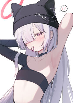 1girl absurdres armpits black_hat blue_archive grey_hair halo hat highres long_hair plana_(blue_archive) purple_eyes shirt simple_background single-shoulder_shirt single_sleeve solo very_long_hair white_background ximgyeon