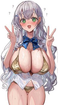 1girl :d ? @_@ absurdres bikini blue_bow blue_bowtie blush bow bowtie braid breasts cleavage collared_shirt commentary_request cowboy_shot diagonal-striped_clothes diagonal-striped_necktie double_v dress_shirt gold_bikini green_eyes grey_hair hair_ornament hairclip hands_up highres hololive huge_breasts long_hair looking_at_viewer micro_bikini mole mole_on_breast necktie open_mouth partially_unbuttoned rum_raisin_(chihiromakita19) shirogane_noel shirogane_noel_(school_uniform) shirt side_braid sidelocks simple_background smile solo striped_clothes striped_necktie swimsuit v very_long_hair virtual_youtuber white_background white_shirt x_hair_ornament