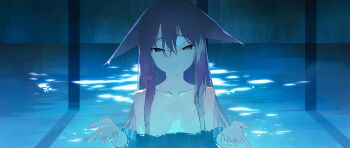 1girl absurdres animal_ears blue_eyes brown_eyes closed_mouth collarbone danjdung double-parted_bangs droopy_ears fingernails fox_ears fox_girl hair_between_eyes hands_up hashtag-only_commentary heterochromia highres i&#039;ll_teach_you_everything_(chainsaw_man) long_bangs looking_at_viewer meme nude partially_submerged pool smile solo stellive tenko_shibuki upper_body virtual_youtuber water wet wet_hair