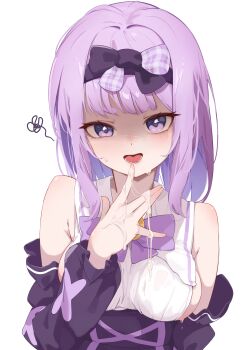 1girl absurdres alice_(trickcal) armpit_crease bow bowtie breasts commentary cum cum_on_body cum_on_hands detached_sleeves disgust english_commentary gloom_(expression) hair_intakes hairband high-waist_skirt highres large_breasts looking_at_viewer mawe127 medium_hair open_mouth partially_shaded_face purple_bow purple_bowtie purple_eyes purple_hair purple_hairband purple_skirt shirt sideboob simple_background skirt squiggle sweat tongue trickcal upper_body white_background white_shirt