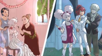 1boy 5girls afro_puffs alternate_hairstyle applying_makeup artist_name black_hair blue_eyes bride brushing_hair candy chuatury_panlunch closed_eyes collar collarbone day dress earrings elan_ceres flower food formal_clothes garland_(decoration) green_eyes groom gundam gundam_suisei_no_majo hair_bun hair_ribbon hairband highres holding holding_candy holding_food holding_lollipop hoop_earrings indoors jacket jewelry light_brown_hair lilique_kadoka_lipati lipstick lollipop long_hair makeup mesmarique miorine_rembran multiple_girls necktie nika_nanaura open_mouth petals pink_hair red_hair ribbon sandals short_hair sitting smile socks split_screen suit suletta_mercury tree wedding_dress white_flower white_hair white_socks white_suit