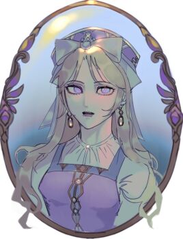 1girl alternate_costume axis_powers_hetalia belarus_(hetalia) blonde_hair blue_background border bow bright_pupils brown_border chinese_commentary commentary_request dress earrings empty_eyes gem gradient_background hat hat_bow highres jewelry long_hair long_sleeves looking_at_viewer open_mouth ornate_border parted_bangs pearl_(gemstone) pinafore_dress pink_lips portrait purple_dress purple_eyes purple_hat shirt simple_background sleeveless sleeveless_dress solo white_bow white_pupils white_shirt xsy0520991