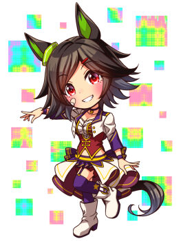 1girl animal_ears bandaid bandaid_on_cheek bandaid_on_face black_hair blush bodice boots breasts chibi chibi_only choker cleavage collarbone commentary_request corset cropped_jacket full_body garter_straps grin hair_ornament hairclip highres horse_ears horse_girl horse_tail jacket large_breasts long_sleeves looking_at_viewer midriff_peek navel open_mouth overskirt pendant_choker purple_choker purple_garter_straps purple_thighhighs red_corset red_eyes red_shorts shirt short_hair shorts smile solo star_(symbol) starting_future_(umamusume) sugimotty_nova swept_bangs tail teeth thighhighs umamusume white_boots white_jacket white_shirt winning_ticket_(umamusume) wristband