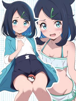 1girl absurdres asymmetrical_bangs between_thighs bikini black_hair black_shoes blue_eyes blue_hair blue_jacket blush borgbutler closed_mouth colored_inner_hair commentary cowlick furrowed_brow green_bikini green_hair_ornament hair_ornament hairclip high-waist_shorts highres jacket light_frown liko_(pokemon) looking_at_viewer medium_hair multicolored_hair multiple_views nintendo poke_ball poke_ball_(basic) pokemon pokemon_(anime) pokemon_horizons shirt shoes shorts swept_bangs swimsuit white_bikini white_shirt