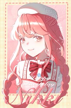 Rule 34 | 1girl, absurdres, beret, bloom poetry (shining nikki), border, bow, bowtie, braid, brown eyes, brown pupils, character name, chinese commentary, closed mouth, clothes writing, commentary request, dot nose, dotted line, dress, eyelashes, frilled shirt, frills, happy, happy birthday, hat, highres, light blush, light particles, lipstick, long hair, low twin braids, makeup, moyu de liang, nikki (nikki), nikki (series), outside border, pinafore dress, pink background, pink dress, pink hair, pink lips, plaid clothes, plaid dress, red bow, red bowtie, sample watermark, shining nikki, shirt, sleeveless, sleeveless dress, smile, snowflake necklace, solo, sparkle, striped bow, striped bowtie, striped clothes, twin braids, upper body, very long hair, watermark, watermark grid, white hat, white shirt, yellow border