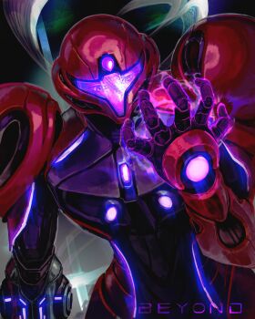 Rule 34 | 1girl, absurdres, armor, full armor, highres, kornart, looking at viewer, metroid, metroid prime 4: beyond, nintendo, power armor, power suit (metroid), samus aran, simple background, solo, vi-o-la suit, weapon