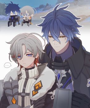 Rule 34 | 2boys, black gloves, chibi, coat, commentary, crossed arms, cup, earrings, flins (genshin impact), fur trim, genshin impact, gloves, highres, holding, holding cup, illuga (genshin impact), jewelry, looking at another, multicolored hair, multiple boys, polka dot, scar, scar on neck, secretmeiz, single earring, speech bubble, symbol-only commentary, yellow eyes