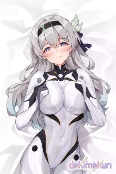 1girl bed_sheet black_hairband blush bodysuit breasts cleavage closed_mouth commentary covered_navel cowboy_shot firefly_(ar-26710)_(honkai:_star_rail) firefly_(honkai:_star_rail) gluteal_fold grey_hair hair_between_eyes hair_ornament hairband highres honkai:_star_rail honkai_(series) large_breasts long_hair looking_at_viewer lying matrix16 mecha_pilot_suit official_alternate_costume on_back shadow solo white_bodysuit