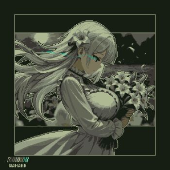 1girl bouquet dress floating_hair flower frilled_wrist_cuffs frills hair_flower hair_ornament highres holding holding_bouquet long_hair original petals pixel_art sad solo specialhanako white_dress white_hair white_petals wrist_cuffs