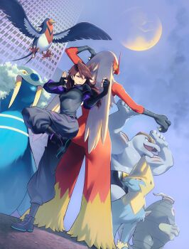 1boy 1girl 1other absurdres bird black_pants black_shirt blaziken breasts brown_hair crossover dusclops feathers fighting_stance gen_1_pokemon gen_3_pokemon group_picture highres jaiden_animations machoke manectric medium_breasts midair nintendo pants pokemon pokemon_(creature) red_feathers shirt standing standing_on_one_leg swellow tommy_(kingdukeee) virtual_youtuber wild/card