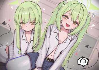 +++ 2girls :d absurdres alternate_costume black_tail blue_archive blue_shorts blush breasts collared_shirt commentary demon_girl demon_tail doodle_sensei_(blue_archive) green_hair green_halo halo heart high_(hgih) highres hikari_(blue_archive) long_hair looking_at_viewer multiple_girls navel nozomi_(blue_archive) open_mouth pantyhose partially_unbuttoned pointy_ears sensei_(blue_archive) shirt short_shorts shorts siblings sisters small_breasts smile tail twins twintails white_pantyhose white_shirt yellow_eyes