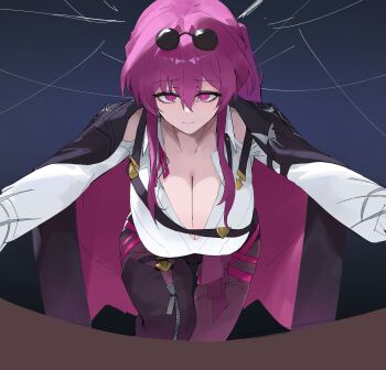 1girl absurdres bare_shoulders black_jacket black_shorts boots breasts cleavage clothing_cutout collared_shirt dokshuri dot_nose eyelashes eyewear_on_head furrowed_brow hair_between_eyes highres honkai:_star_rail honkai_(series) huge_breasts jacket kafka_(honkai:_star_rail) long_hair long_sleeves looking_at_viewer pantyhose purple_eyes purple_hair purple_pantyhose round_eyewear shirt shorts shoulder_cutout solo sunglasses thigh_boots white_shirt