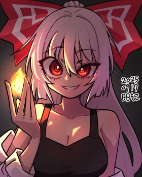 1girl absurdres bare_shoulders black_tank_top bow breasts bright_pupils cleavage collarbone commentary_request dated eyelashes fire fujiwara_no_mokou grey_background grey_hair grin hair_between_eyes hair_bow highres long_hair medium_breasts neophyte off_shoulder ponytail pyrokinesis red_bow red_eyes shirt sidelighting smile solo tank_top touhou upper_body white_bow white_pupils white_shirt