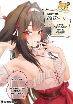 2girls after_fellatio anger_vein animal_ears arm_up armpits bare_shoulders breasts brown_hair closed_mouth commentary cum cum_on_body cum_on_breasts cum_on_upper_body droopy_ears english_text facial hair_intakes heart highres ju_fufu kukiyuusha long_hair looking_at_viewer medium_breasts multiple_girls nail_polish pink_nails red_eyes red_skirt shirt skirt solo_focus speech_bubble tongue tongue_out very_long_hair white_shirt ye_shunguang zenless_zone_zero