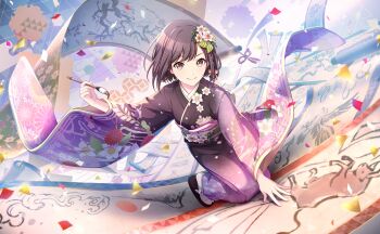 Rule 34 | 1girl, bird, black kimono, black shoes, brown eyes, brown hair, bull, closed mouth, colorful palette, confetti, floral print, floral print kimono, flower, game cg, hair flower, hair ornament, highres, holding, holding brush, japanese clothes, kimono, looking at viewer, official alternate costume, official art, okobo, platform sandals, print kimono, project sekai, purple kimono, sandals, sekai no happy new year! (project sekai), shinonome ena, shoes, smile, socks, solo, tabi, third-party source, white flower, white socks, wide sleeves