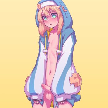 1boy androgyne_symbol aqua_eyes blonde_hair blue_jacket blush bridget_(guilty_gear) commentary cowboy_shot cross drawstring english_commentary erection foreskin guilty_gear hej_510 highres hood hooded_jacket jacket long_sleeves looking_at_viewer medium_hair naked_jacket navel open_mouth penis precum puffy_long_sleeves puffy_sleeves simple_background solo sweatdrop testicles trap yellow_background