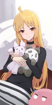 2girls absurdres ahoge black_choker black_shirt blob blonde_hair blush bocchi_the_rock! choker closed_mouth collarbone commentary cube_hair_ornament eyelashes gotoh_hitori hair_ornament highres ijichi_seika jianshu long_hair long_sleeves looking_at_viewer lying multiple_girls o_o hugging_object on_back one_side_up parted_bangs shirt sidelighting sidelocks smile solo_focus straight_hair stuffed_toy under_covers very_long_hair yellow_eyes