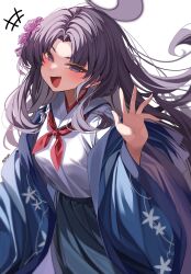 Rule 34 | 1girl, absurdres, artist name, blue archive, blue eyes, blue jacket, blue skirt, blush, commentary request, fang, floral print, flower, hair flower, hair ornament, halo, hand up, haori, highres, jacket, japanese clothes, korean commentary, long hair, looking at viewer, neckerchief, open mouth, pink flower, pink rose, pleated skirt, purple hair, red neckerchief, rirua (kjom802), rose, shirt, simple background, skin fang, skirt, smile, solo, waving, white background, white shirt, wide sleeves, yukari (blue archive)