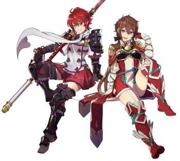 2girls :d absurdres arm_guards armor armored_boots boots brown_eyes brown_hair clip_studio_paint_(medium) closed_mouth commission cosplay costume_switch dress ebinku fire_emblem fire_emblem_fates full_body gloves highres hinoka_(fire_emblem) hinoka_(fire_emblem)_(cosplay) holding holding_polearm holding_weapon invisible_chair japanese_clothes looking_at_viewer lora_(xenoblade) lora_(xenoblade)_(cosplay) multiple_girls naginata nintendo open_mouth polearm red_eyes red_footwear red_gloves red_hair red_skirt short_hair shoulder_armor simple_background sitting skirt smile weapon white_background xenoblade_chronicles_(series) xenoblade_chronicles_2 xenoblade_chronicles_2:_torna_-_the_golden_country