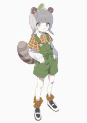 Rule 34 | 1girl, :3, adapted costume, aged down, alternate costume, animal ears, blush, braid, brown shirt, brown socks, closed mouth, collared shirt, full body, green overalls, grey eyes, grey hair, hands in pockets, highres, layered shirt, layered sleeves, leaf, leaf on head, long sleeves, looking at viewer, low twin braids, medium hair, mode aim, overall shorts, overalls, plaid, plaid shirt, ponpoko (vtuber), raccoon ears, raccoon girl, raccoon tail, shikaiq, shirt, shoes, short over long sleeves, short sleeves, smile, socks, solo, tail, tail raised, twin braids, uwabaki, virtual youtuber, white shirt