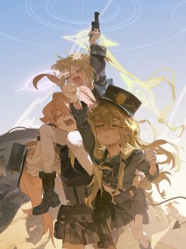3girls absurdres ahoge arm_up armband bandages beretta_92 black_boots black_jacket black_tail blue_archive boots carrying chinese_commentary commentary_request demon_tail desert earrings finger_on_trigger gloves green_hair green_halo gun halo handgun hat highres hikari_(blue_archive) holding holding_gun holding_weapon holster holstered hoshino_(armed)_(blue_archive) hoshino_(blue_archive) jacket jewelry long_hair manurhin_mr73 multiple_girls nozomi_(blue_archive) open_mouth pantyhose piggyback pink_hair pink_halo revolver school_uniform siblings sisters sky tactical_school_uniform tail torn_clothes twins vest weapon white_gloves white_pantyhose yu-y_(824412)