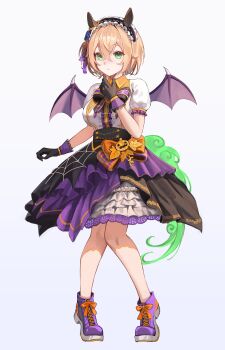 1girl absurdres animal_ears black_gloves blonde_hair boots bow bowtie dio_dio flower frilled_hairband frills full_body gloves green_eyes hair_between_eyes hair_flower hair_ornament hair_ribbon hairband highres layered_skirt looking_at_viewer nimi_nightmare puffy_short_sleeves puffy_sleeves pumpkin purple_boots ribbon rice_shower_(umamusume) rice_shower_(vampire_makeover!)_(umamusume) shirt short_hair short_sleeves simple_background skirt solo standing tail tapir_ears tapir_girl wings