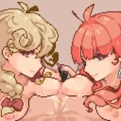 1boy 2girls animated breasts celica_(fire_emblem) faye_(fire_emblem) fire_emblem fire_emblem_echoes:_shadows_of_valentia handjob light_brown_hair looking_at_viewer momiahair multiple_girls nintendo nipples penis pixel_art pov red_hair red_ribbon ribbon video