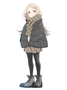 Rule 34 | 1girl, black jacket, black pantyhose, blonde hair, blush, brown scarf, brown skirt, commentary request, down jacket, full body, gakuen idolmaster, hair ornament, hairclip, highres, idolmaster, jacket, long hair, long sleeves, looking at viewer, open clothes, open jacket, orange eyes, pantyhose, parallel hairclips, plaid clothes, plaid scarf, plaid skirt, scarf, sekine hajime, shinosawa hiro, shoes, simple background, skirt, sleeves past fingers, sleeves past wrists, solo, standing, unmoving pattern, white background