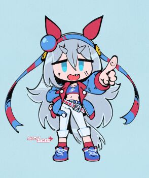 1girl absurdres ahoge animal_ears belt birdblitz blue_eyes blue_hairband blue_jacket blue_sports_bra chibi crop_top ear_covers ear_ornament fang grey_hair grey_tail hair_between_eyes hairband headband highres horse_ears horse_girl horse_tail jacket lightning_bolt_print lightning_bolt_symbol long_hair long_sleeves looking_at_viewer midriff navel open_mouth pants red_belt red_headband shirt simple_background solo sports_bra striped_clothes striped_hairband tail tamamo_cross_(umamusume) tamamo_cross_(with_lightning_speed)_(umamusume) umamusume very_long_hair white_pants