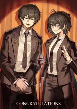 Rule 34 | 1boy, 1girl, absurdres, black hair, black jacket, black necktie, black pants, breasts, closed eyes, commentary, congratulations, derivative work, dual persona, english commentary, female rover (wuthering waves), fingernails, hair ornament, hair ribbon, hairclip, highres, jacket, jujutsu kaisen, leppib, looking at viewer, male rover (wuthering waves), medium breasts, microphone, necktie, one eye closed, open mouth, pants, parallel hairclips, ribbon, rover (wuthering waves), shirt, smile, white shirt, wuthering waves, yellow eyes, yellow ribbon