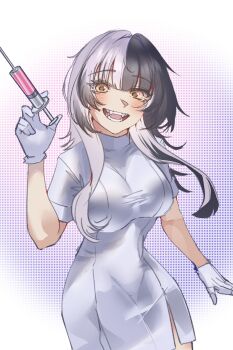 1girl absurdres alternate_costume black_gloves black_hair dress gloves grey_hair highres holding holding_syringe hololive hololive_english long_hair looking_at_viewer multicolored_hair nurse open_mouth qjinator shiori_novella solo split-color_hair syringe teeth two-tone_hair virtual_youtuber white_dress yellow_eyes