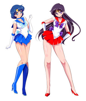 absurdres bare_legs bishoujo_senshi_sailor_moon boots commentary full_body high_heels highres hino_rei legs leotard long_legs mizuno_ami ribbon sailor_mars sailor_mercury skirt thighs warabimochi